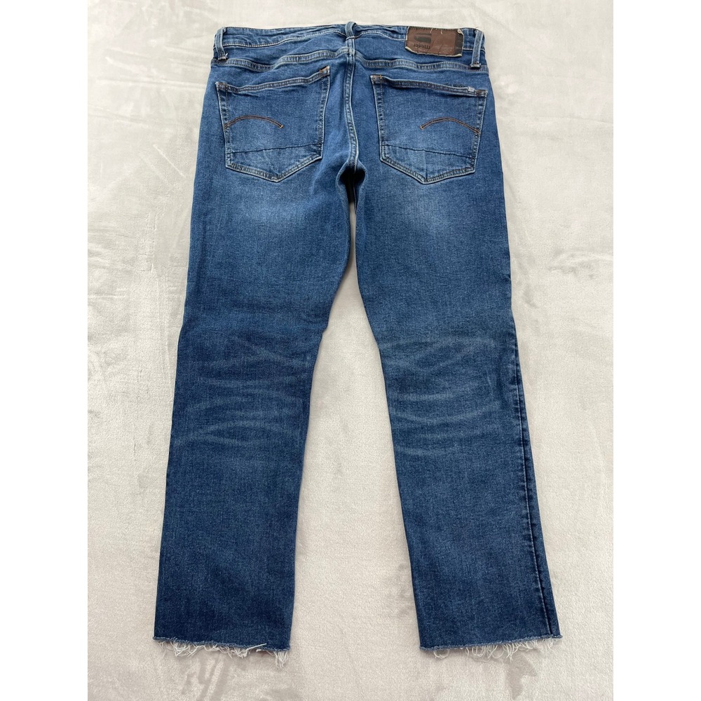 G-Star RAW 3301 Straight Jeans Mens 33 Blue Raw Hem Frayed Denim Good